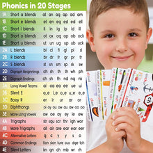 Load image into Gallery viewer, Phonics Flash Cards - Learn to Read in 20 Stages - Digraphs CVC Blends Long Vowel Sounds