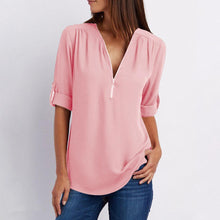 Load image into Gallery viewer, V Neck Zipper Patchwork Plain Blouses