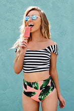 Load image into Gallery viewer, New Palm Leaf High Waist Off Shoulder Crop Bikini Swimsuit in Striped.MC