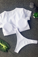 Load image into Gallery viewer, New High Cut Ribbed Short Sleeve Crop Bikini Swimsuit in White.MC